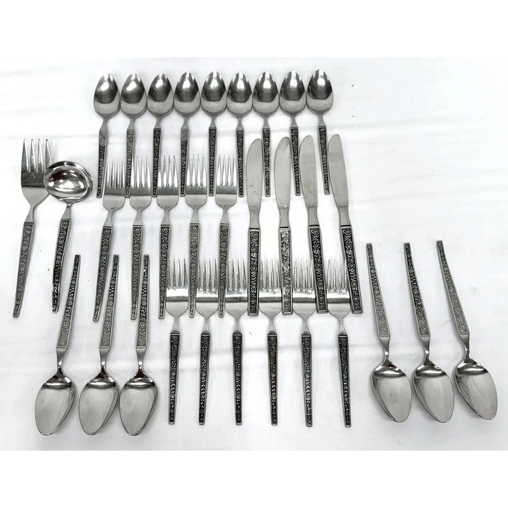 Lot of 32 pcs. Vtg Oxford MCM Stainless Flatware Set Rose Garden Japan